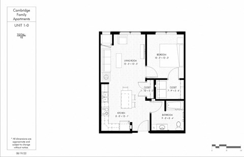 Floor plan for 1 bed, 1 bath, 625 sqft